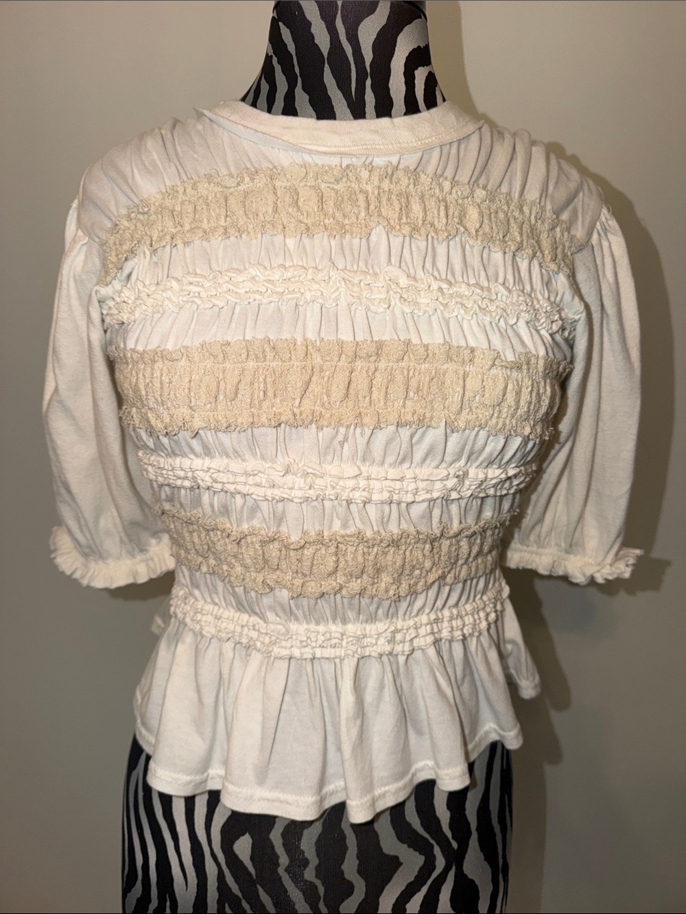 Like New-Free People Cream Smocked Peplum Ruffle Top Sm